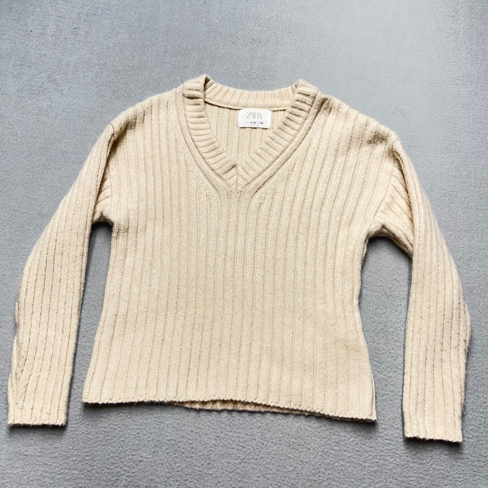 Zara Girls Beige Ribbed Knit V-Neck Sweater Size 11-12 Years Cream Pullover